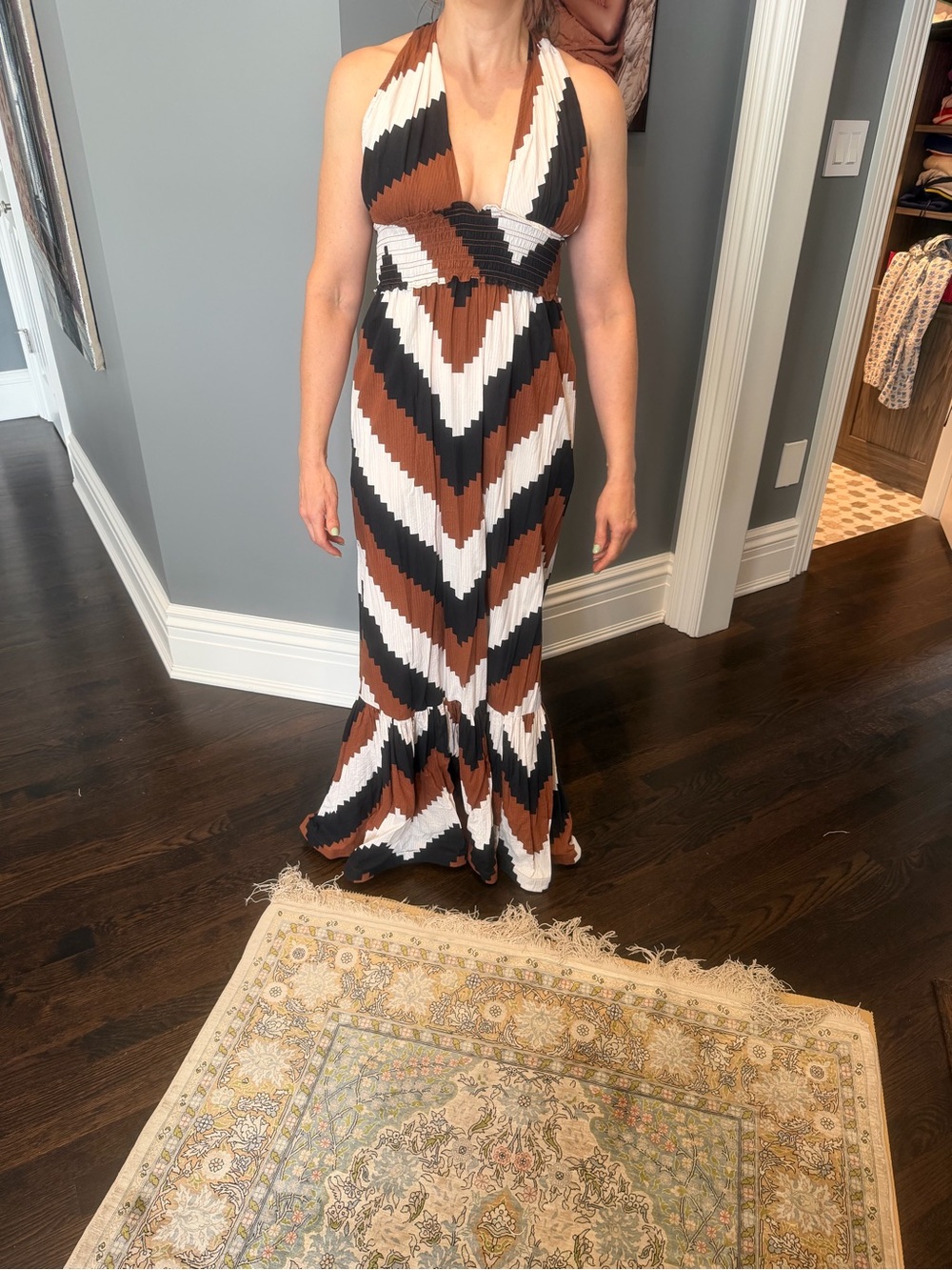 Plenty by Tracy Reese Brown, Black & White Chevron Halter Maxi Dress